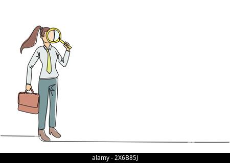 Single one line drawing of businesswoman stood holding magnifier and the other holding briefcase. Look for the smallest possible opportunities for pro Stock Vector