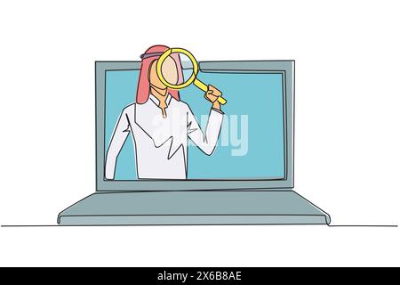 Single continuous line drawing of Arab businessman came out of laptop screen holding the magnifier. Finding online networking to sustain his business. Stock Vector