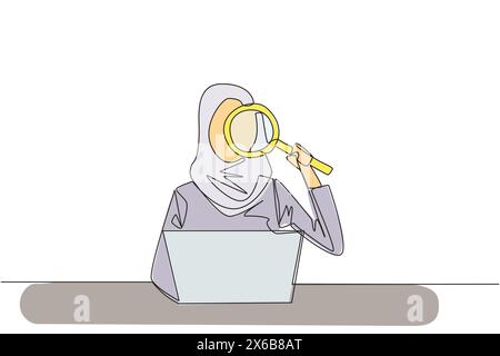 Single continuous line drawing of Arabian businesswoman is typing in front of laptop computer holding a magnifier. Modern business at this time can be Stock Vector