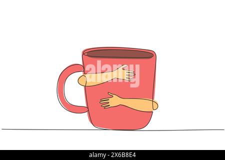 Single continuous line drawing of human hands hugging huge mug. Pour a few milliliters of coffee or tea into a mug, talk to your loved ones, then feel Stock Vector