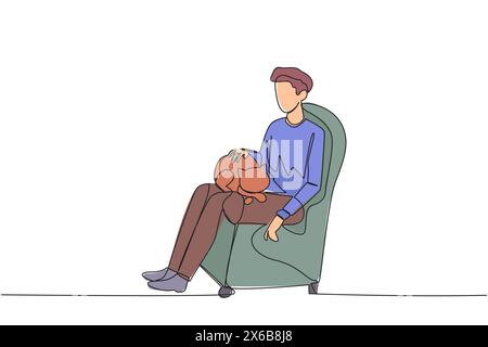 Single continuous line drawing of young man sitting on the couch hugging a cat on his lap. Young man stroking cute little cat to sleep. Friendly with Stock Vector