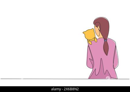 Single one line drawing of back view young beautiful woman hugging a little cat. Owner of feline animal petting it with love. Best pet friend. Animal Stock Vector