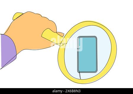 Single one line drawing of big hand holding magnifying glass highlights the smartphone. Observe every detail of the smartphone. Undergo changes as nee Stock Vector