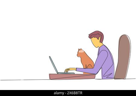 Continuous one line drawing of young energetic man sitting while typing on laptop computer. Hugging a cat while doing homework. Happy man stroking cat Stock Vector