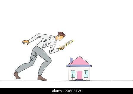 Single one line drawing of young businessman holding magnifying glass looking at miniature house. Get ready to make passive income after viewing a hou Stock Vector