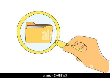 Single continuous line drawing big hand holding magnifying glass highlights the folder icon. Exploration. Tidying up the contents of the file. File ma Stock Vector