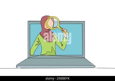 Continuous one line drawing Arabian businesswoman came out of laptop screen holding the magnifier. Finding online networking to sustain her business. Stock Vector