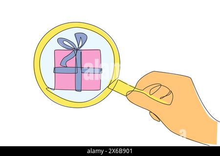 Continuous one line drawing big hand holding magnifying glass highlights gift box. Observe a gift that will be given to a business associate. Tokens o Stock Vector