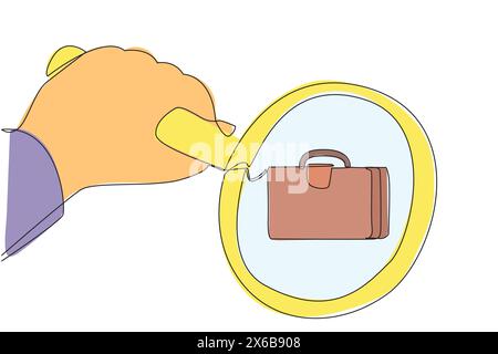 Single continuous line drawing big hand holding magnifying glass highlights briefcase. Like a detective, checking the briefcase so that the quality is Stock Vector