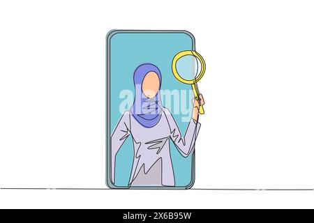 Single continuous line drawing of Arabian businesswoman came out of smartphone screen holding magnifier. Utilizing internet technology on smartphones Stock Vector