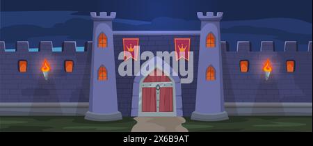 Night medieval fortress gate. Nocturne fantasy kingdom entrance, royal stronghold cartoon vector background illustration Stock Vector