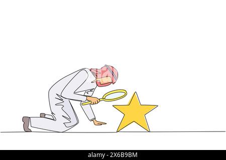 Continuous one line drawing Arabian businessman holds magnifying glass look at stars. The high star is the ultimate goal of business level. Reach drea Stock Vector