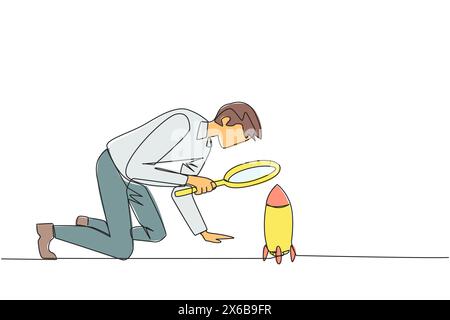 Single continuous line drawing of businessman holding magnifying glass highlights rockets. Analyze details for launching a new business. The beginning Stock Vector