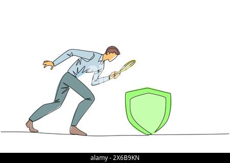 Continuous one line drawing of businessman holds magnifying glass highlights shield. Establish multiple layers of protection for security of business Stock Vector