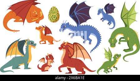 Adult and young magic dragons. Magical creature egg, dragon family and mythical beasts cartoon vector illustration set Stock Vector