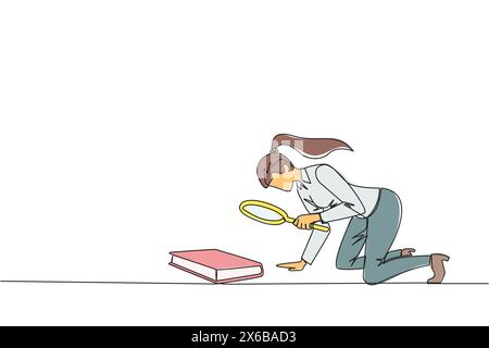 Single continuous line drawing of businesswoman holding magnifying glass looking at book. Looking for knowledge about franchising from a scientific st Stock Vector