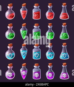 Cartoon potion bottles. Magical elixir vials with life heart, power lightning, defense shield and skull icons isolated vector illustration set Stock Vector