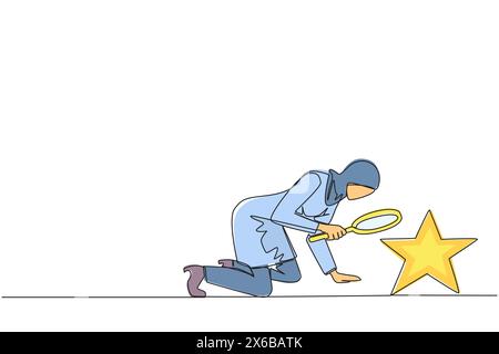 Continuous one line drawing Arabian businesswoman holds magnifying glass look at stars. The high star is the ultimate goal of business level. Reach dr Stock Vector