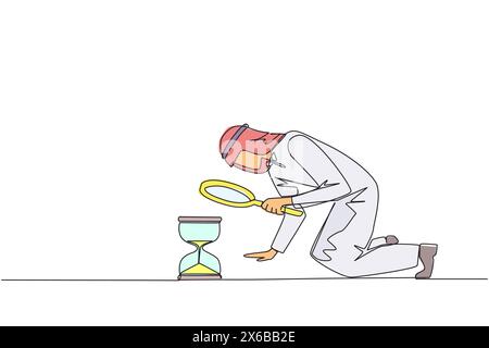 Single continuous line drawing of Arabian businessman holding magnifying glass looking at hourglass. Businessman lack of time to running a business. B Stock Vector