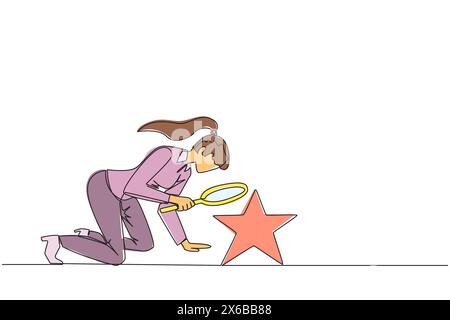 Continuous one line drawing businesswoman holds magnifying glass highlighting stars. The high star is the ultimate goal of the business level. Reach d Stock Vector