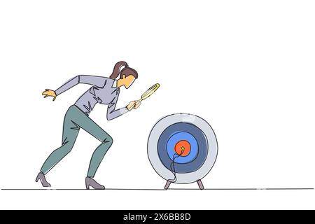 Single one line drawing of businesswoman holds magnifying glass look at target arrow board. Businesswoman who looking for ways to focus on growing bus Stock Vector