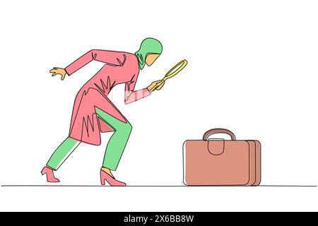 Single one line drawing of Arabian businesswoman holding magnifying glass highlights the briefcase. Immediately tidied up his briefcase to go on a bus Stock Vector