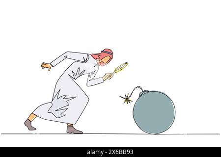 Single continuous line drawing Arabian businessman holding magnifying glass look at large bomb with a burning fuse. Preventing explosions like prevent Stock Vector