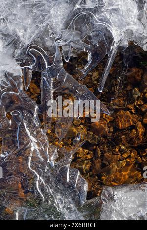 Intriguing ice patterns on a partially frozen stream across heathland, New Forest, Hampshire, UK, January. Stock Photo
