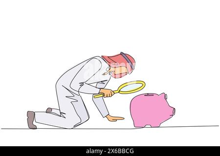 Single one line drawing Arabian businessman holding magnifying glass looking at piggy bank. A stagnant business requires additional capital from piggy Stock Vector