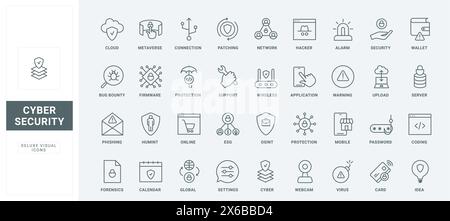 Fraud and virus attack, malware and attention for bugs, digital information protection thin black and red outline symbols, vector illustration. Cyber security, safety connection line icons set Stock Vector