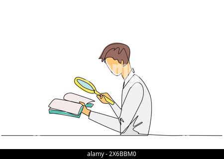 Single one line drawing businessman holds the book and examines it with the magnifier.Businessman re-reads scientific studies so that his business avo Stock Vector