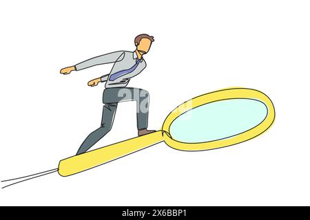Continuous one line drawing of businessman rides a big magnifier like he's skateboarding. Someone is trying to find the right information among big da Stock Vector