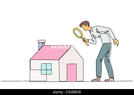 Single one line drawing of young businessman holding magnifying glass looking at miniature house. Get ready to make passive income after viewing a hou Stock Vector