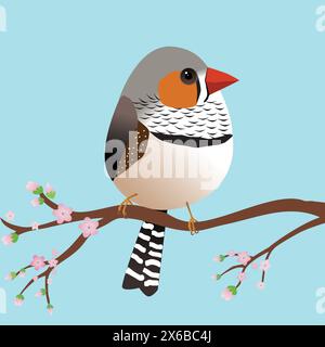 A very cute zebra finch bird in the shape of an egg. Blue background. The bird sits on a branch with pink blossoms. Stock Vector