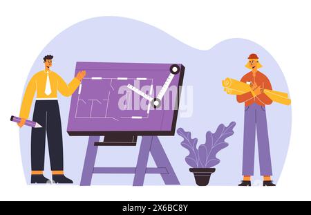 Builders, engineers, architects professional construction team workers concept. Man and female characters Stock Vector