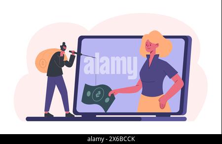 Cyber criminals. Man in mask with sack stealing money from woman. Internet scam phishing, hacker committed digital fraud Stock Vector