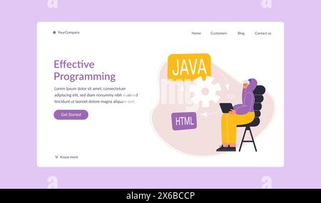 Effective programming landing page. Cartoon flat man developer working on laptop. Software programmer designing website Stock Vector