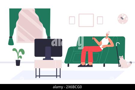 Elderly people watching tv, old characters resting on couch. Old woman sitting on sofa holding remote controller Stock Vector