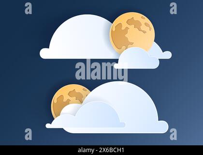 Paper cut weather element of clouds and moon on blue background. Forecast white cloud icon symbol collection. 3D Papercraft frame icon for posters and Stock Vector
