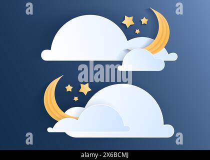 Paper cut weather element of clouds and moon on blue background. Forecast white cloud icon symbol collection. 3D Papercraft frame icon for posters and Stock Vector