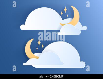Paper cut weather element of clouds and moon on blue background. Forecast white cloud icon symbol collection. 3D Papercraft frame icon for posters and Stock Vector
