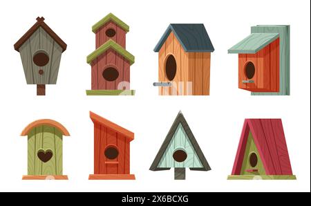 Cartoon wooden bird houses. Colorful isolated forest or garden bird feeders for cold season. Outdoor homes for animals Stock Vector