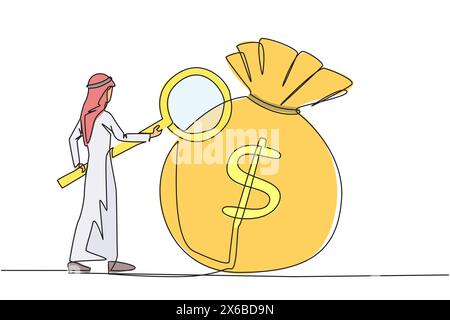 Single continuous line drawing Arab businessman stood checking out giant money bag with magnifier. A person's success depends on the number of money b Stock Vector