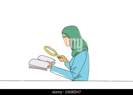 Single continuous line drawing Arabian businesswoman holds book and examines it with magnifier. Businesswoman re-reads scientific studies so that her Stock Vector