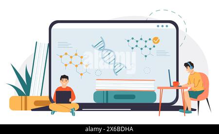Online education, homeschooling on laptop screen. Distance learning from home. Boys studying at laptop Stock Vector
