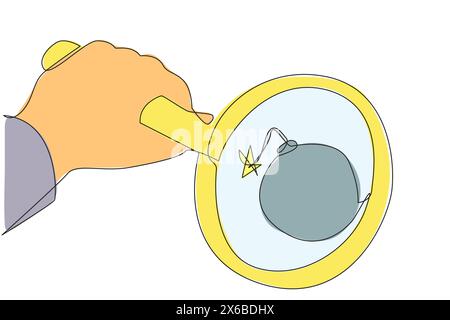 Continuous one line drawing big hand holding magnifying glass highlighting bomb with a burning fuse. Concept lack of security can be dangerous for sur Stock Vector