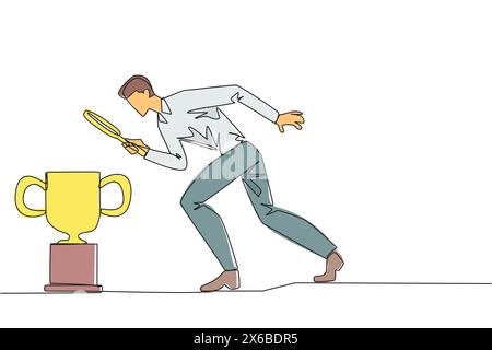 Continuous one line drawing businessman holding magnifying glass looking at trophy. Long journey of running a business pays off by finding trophy as r Stock Vector