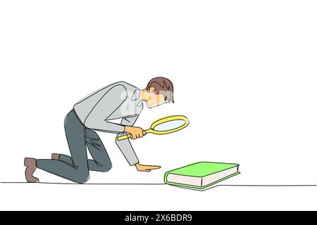 Continuous one line drawing businessman holding magnifying glass looking at book. Looking for knowledge about franchising from a scientific study book Stock Vector