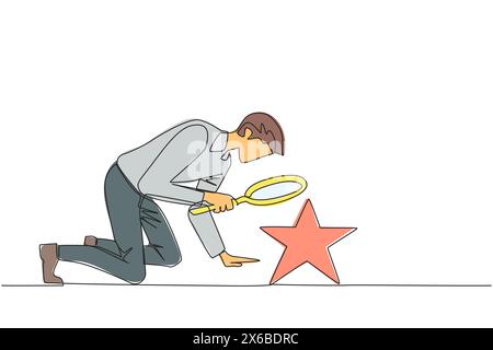 Single continuous line drawing of businessman holds magnifying glass highlighting stars. The high star is the ultimate goal of the business level. Rea Stock Vector