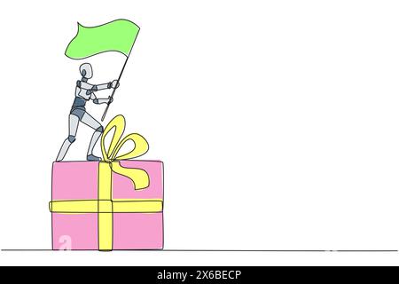 Single continuous line drawing of robotic artificial intelligence standing on giant gift box holding fluttering flag. Prizes for outstanding tech proc Stock Vector